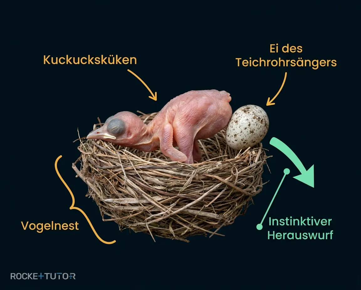 Kuckucksküken wirft Ei aus Nest