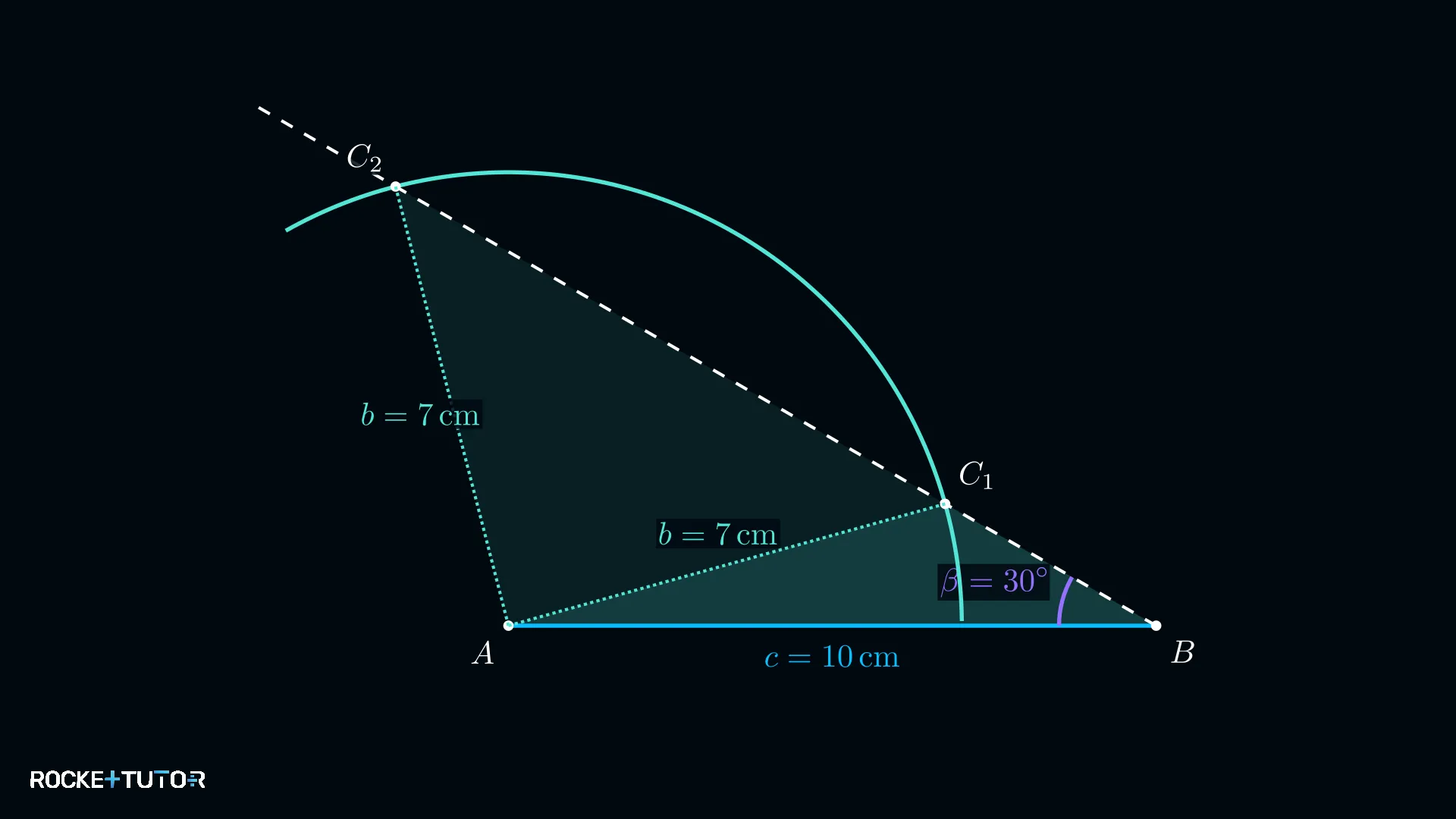 Kreisbogen mit Radius b = 7 cm schneidet Strahl zweimal