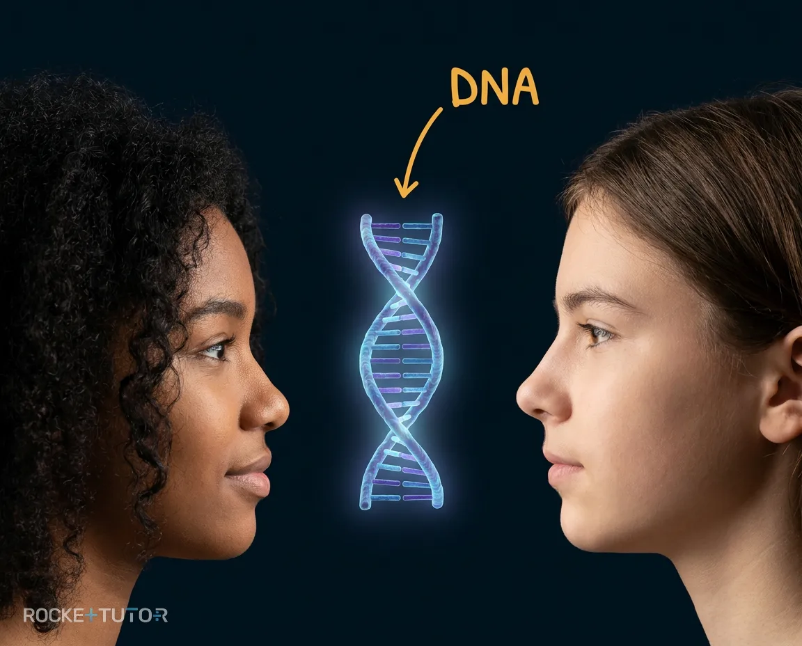 Zwei Menschen betrachten DNA-Strang