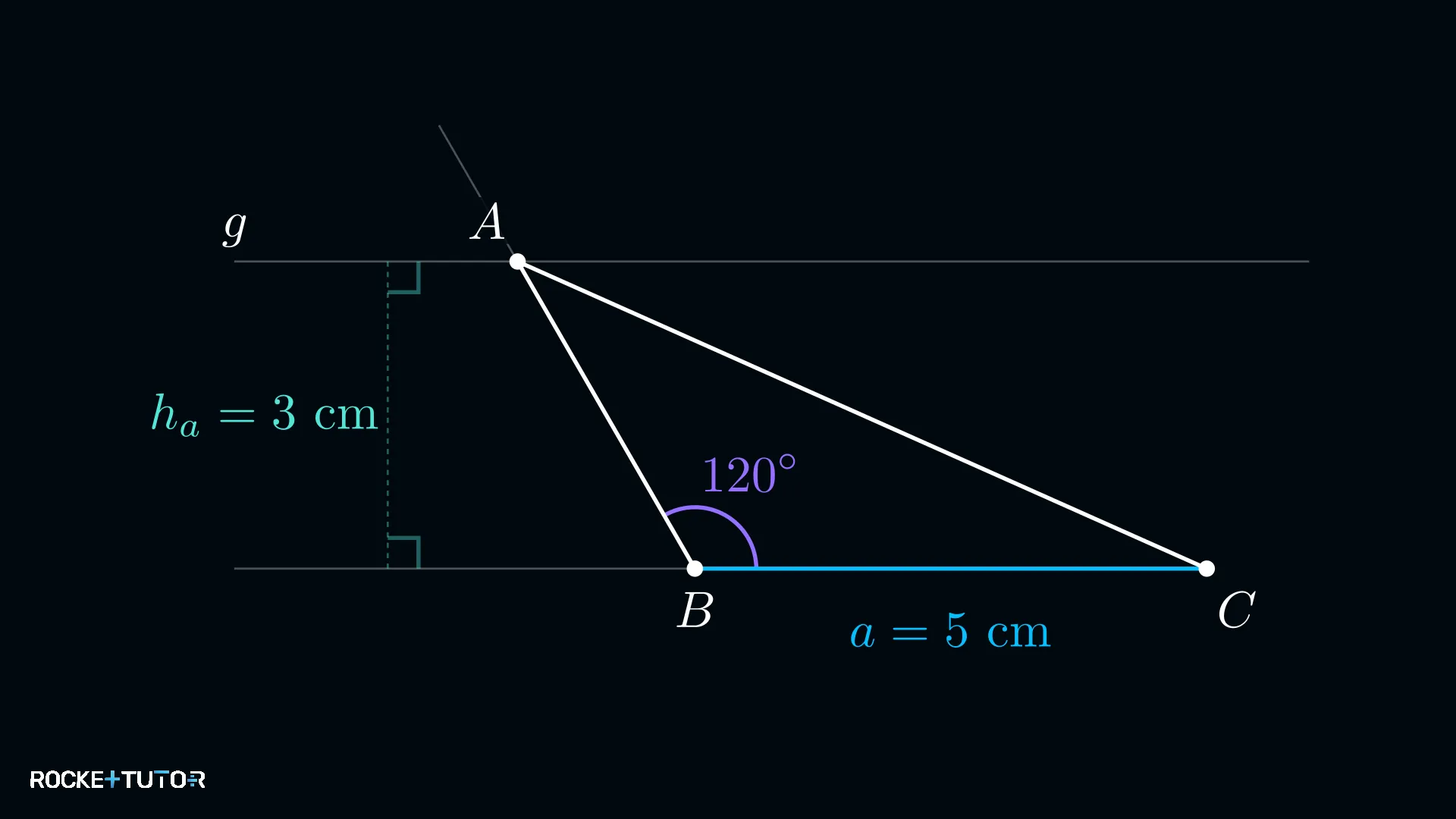 Stumpfwinkliges Dreieck mit β = 120° und a = 5 cm