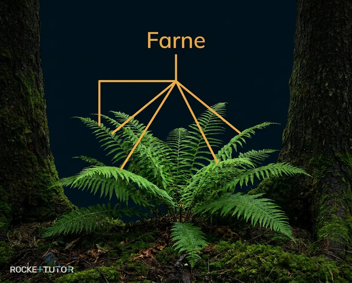 Farne im schattigen Wald