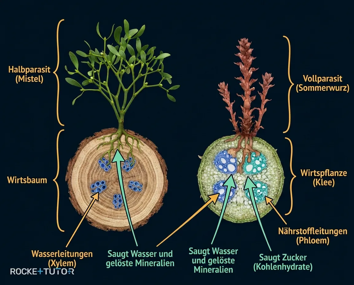 Illustration von Halbparasit und Vollparasit