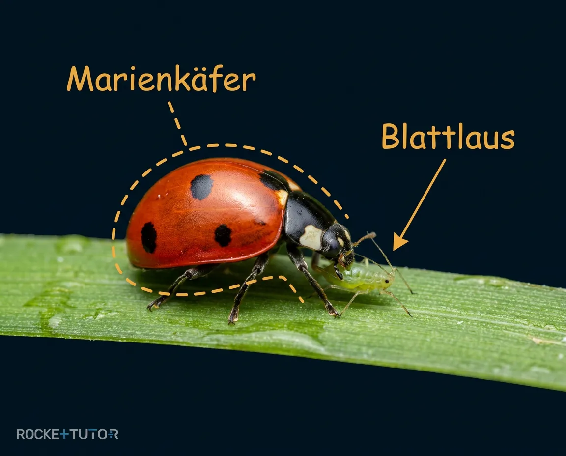 Marienkäfer frisst grüne Blattläuse