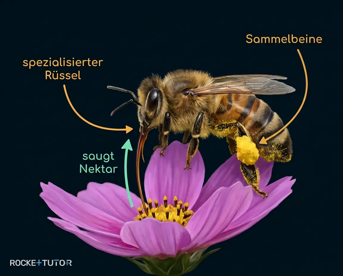 Honigbiene sammelt Nektar und Pollen