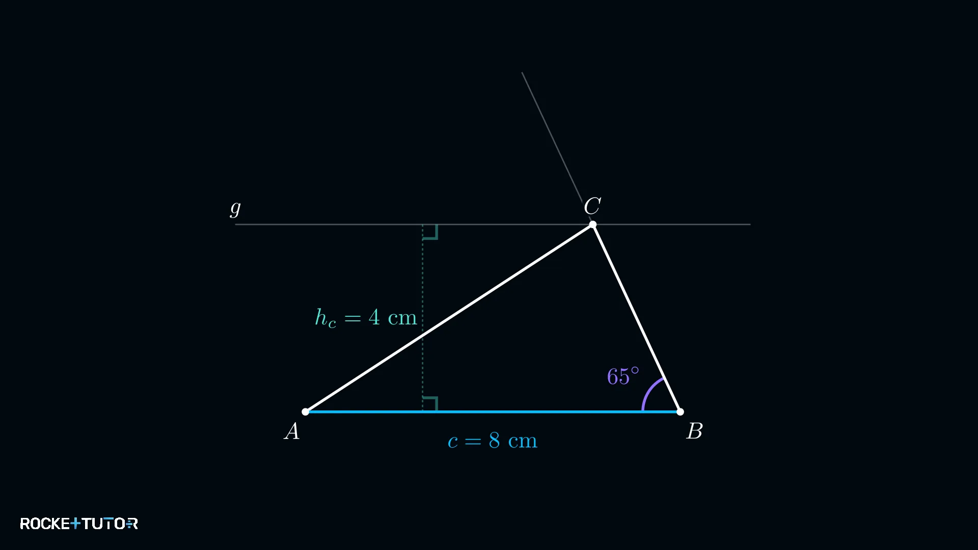 Dreieck ABC mit c = 8 cm, Höhe 4 cm und Winkel 65°