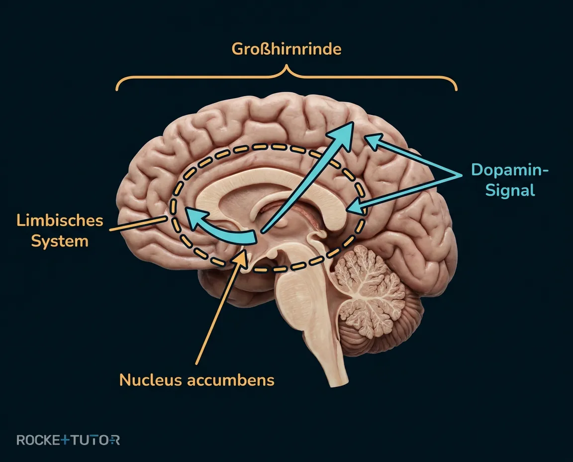 Gehirnquerschnitt mit Nucleus accumbens und Dopamin