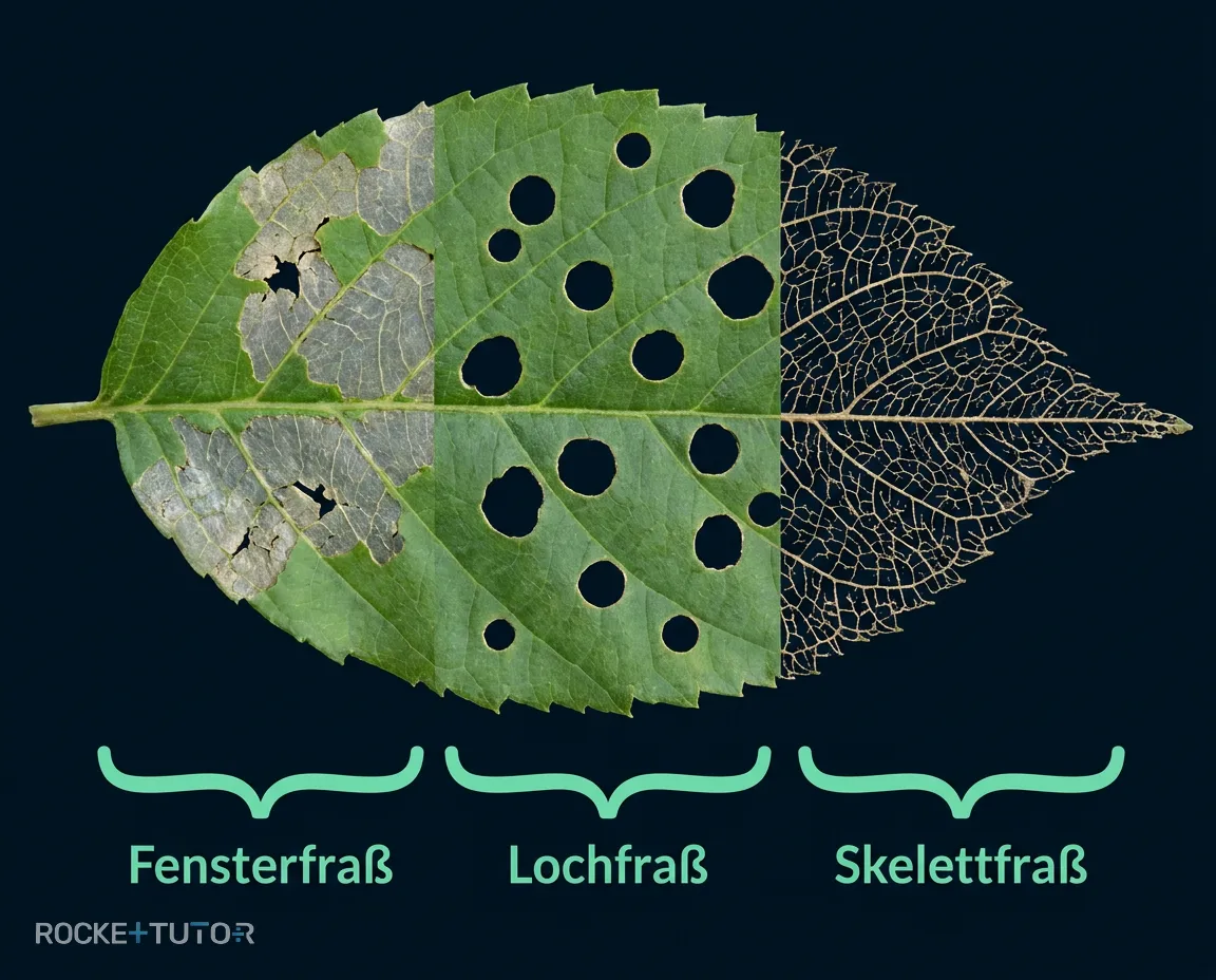 Fraßspuren der Bodentiere am Blatt