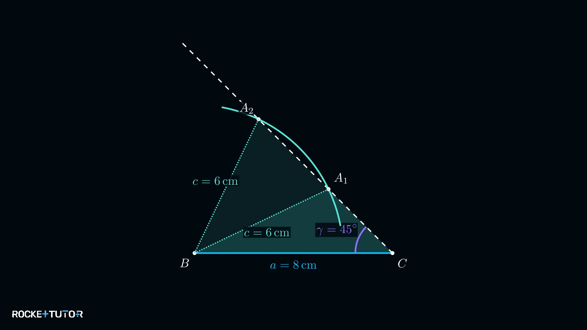 Kreisbogen mit Radius c = 6 cm schneidet Strahl zweimal