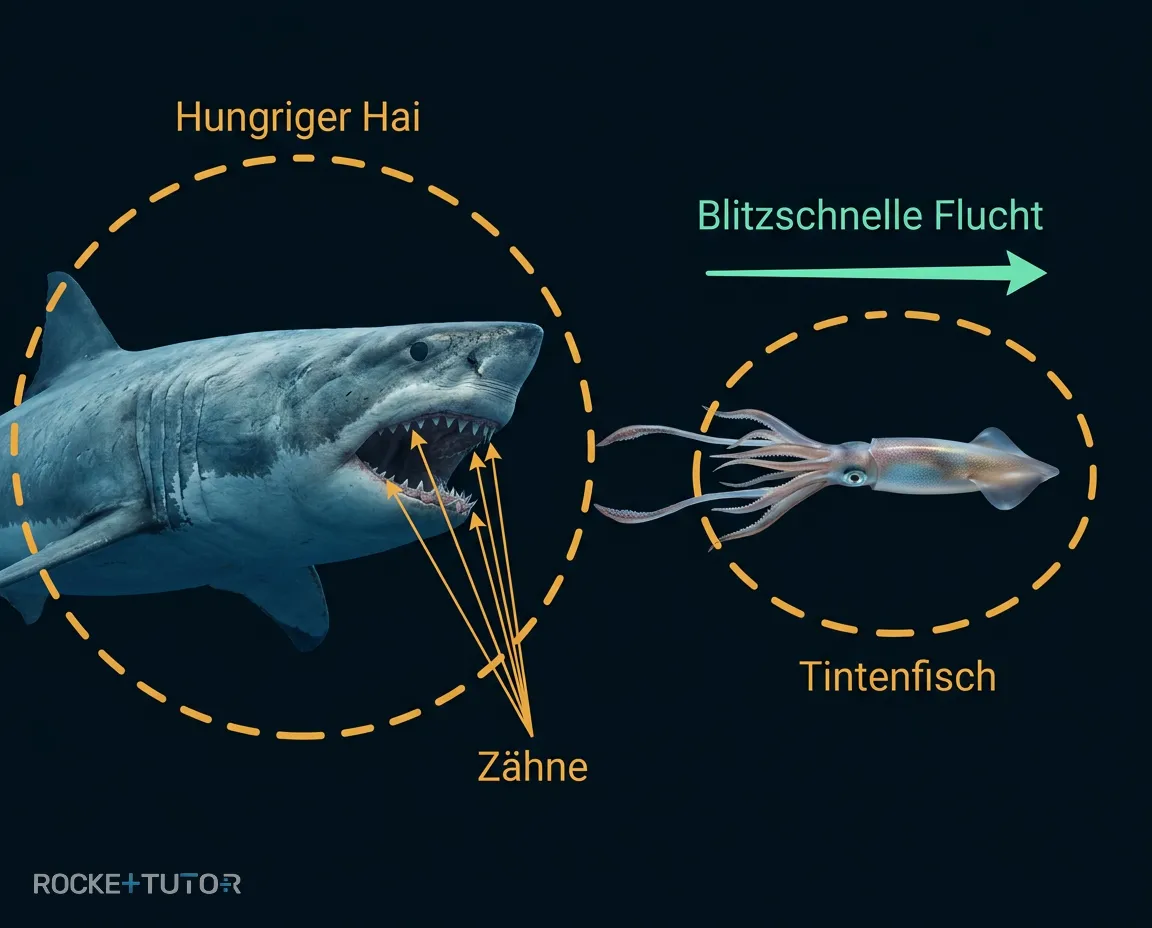 Tintenfisch flieht vor Hai
