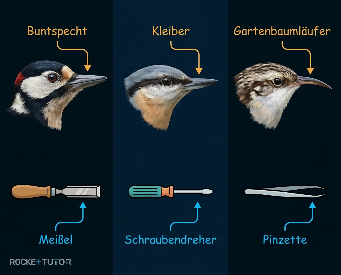 Schnabelformen der drei Vögel