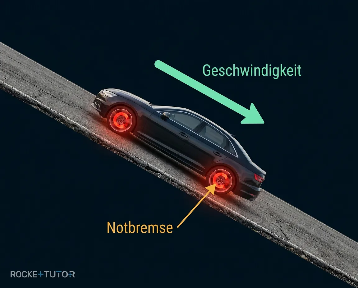 Auto fährt steilen Berg hinunter