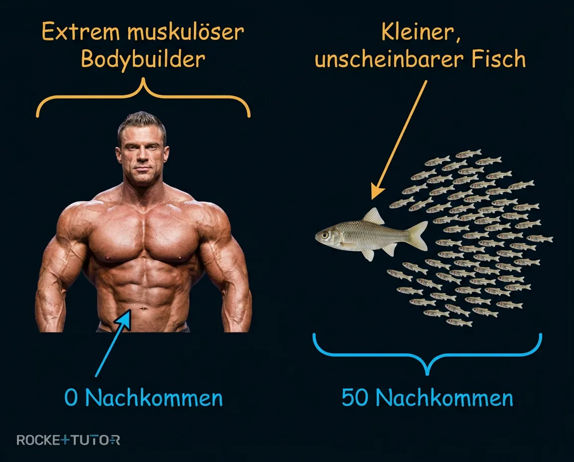 Kleiner Fisch mit vielen Nachkommen vs Bodybuilder