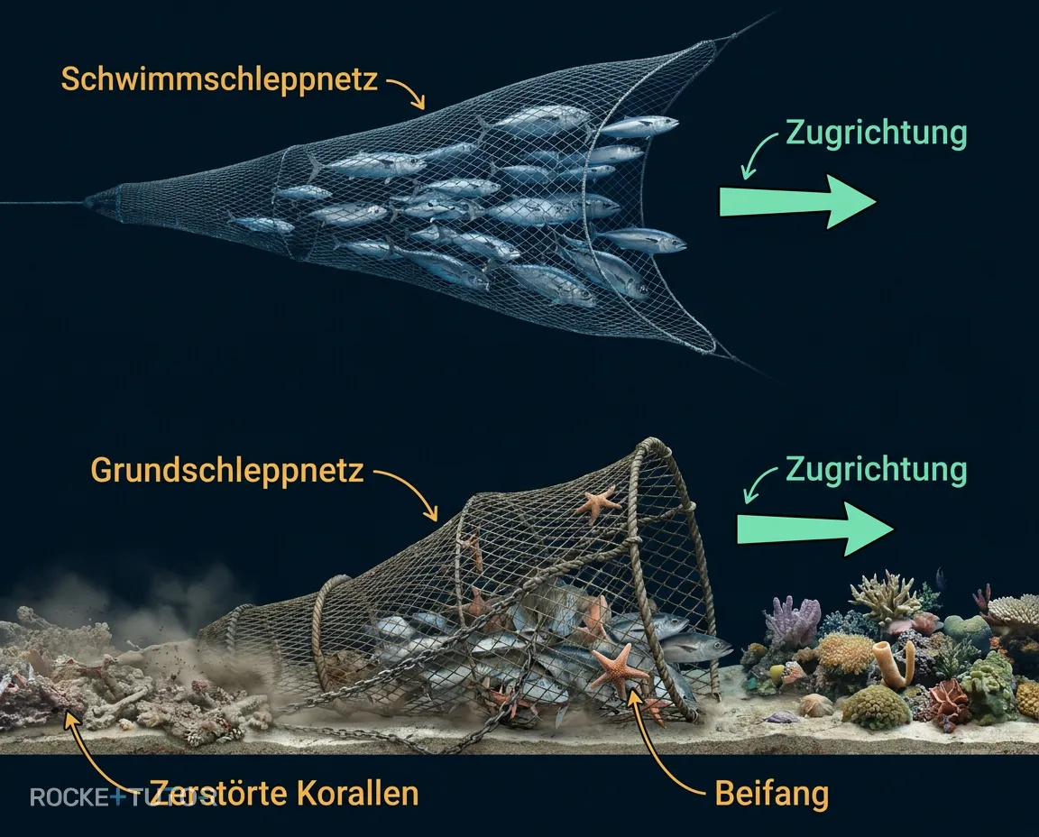 Fischernetz zieht über Meeresboden