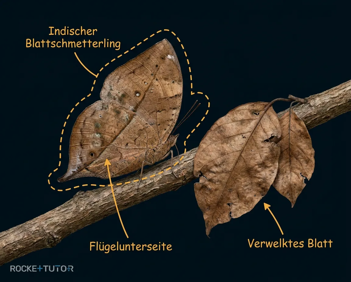 Indischer Blattschmetterling als Blatt getarnt