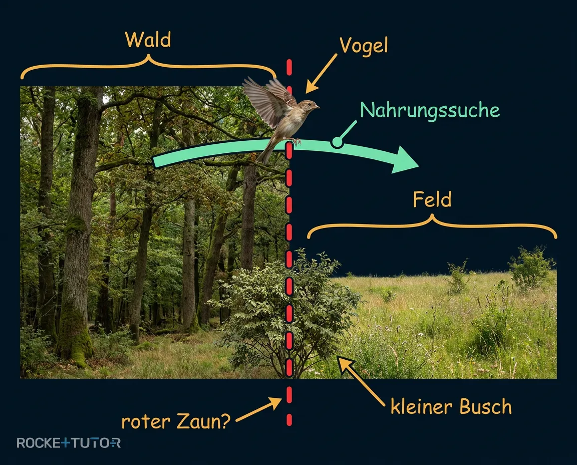Waldgrenze mit Feld und Vogel