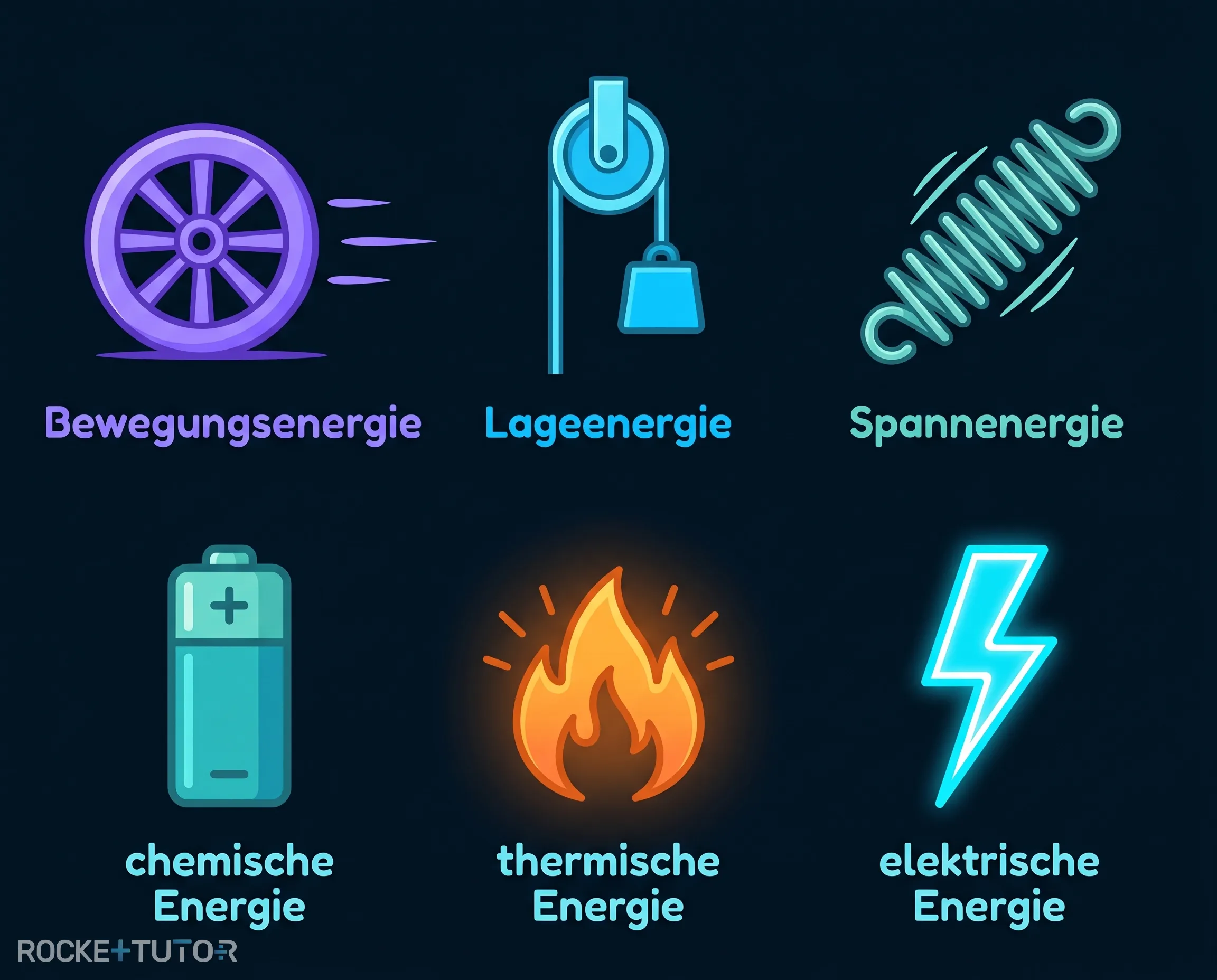 Übersicht der sechs wichtigsten Energieformen
