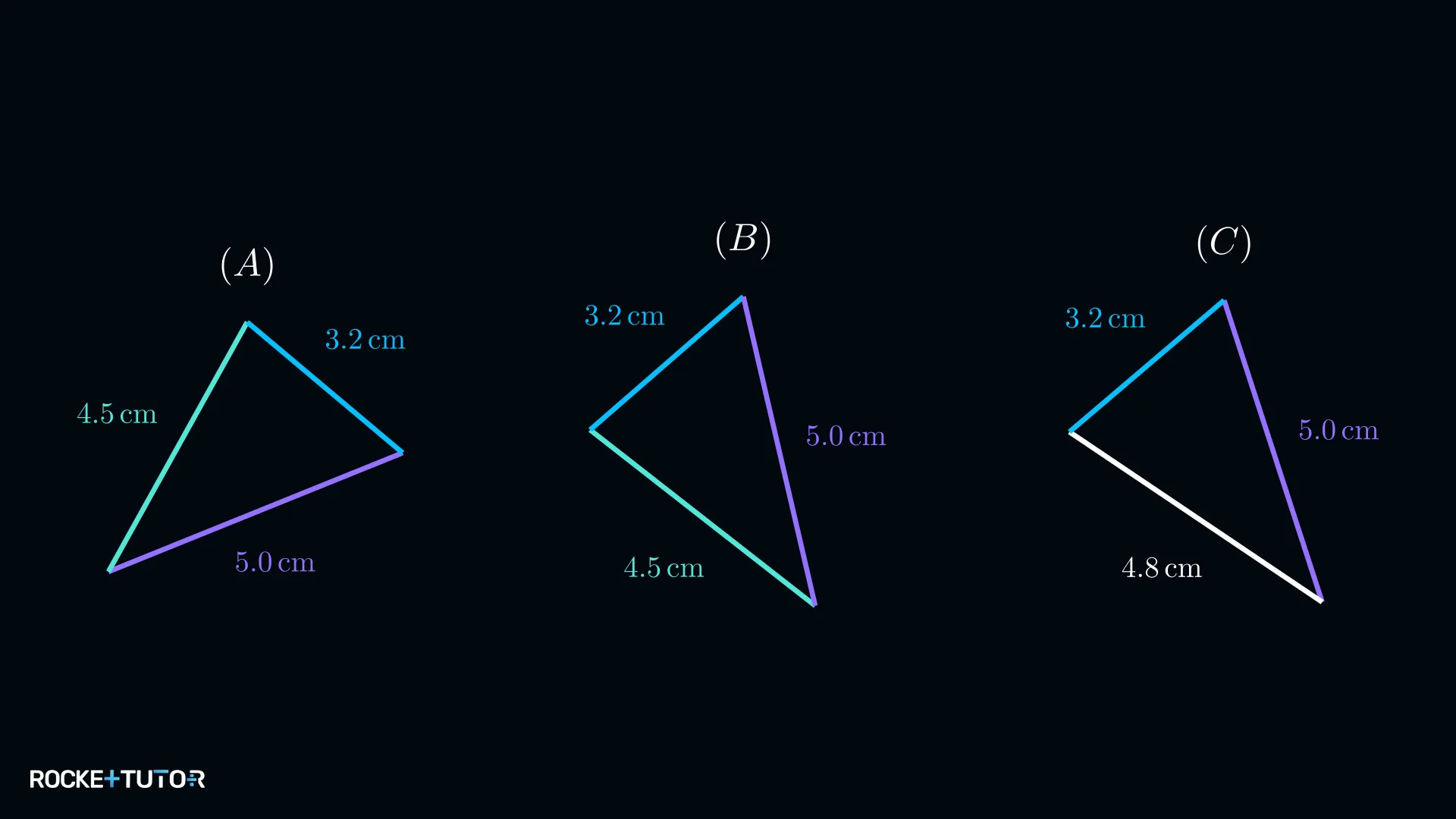 Drei Dreiecke mit Seitenlängen 3,2 cm, 4,5 cm und 5,0 cm
