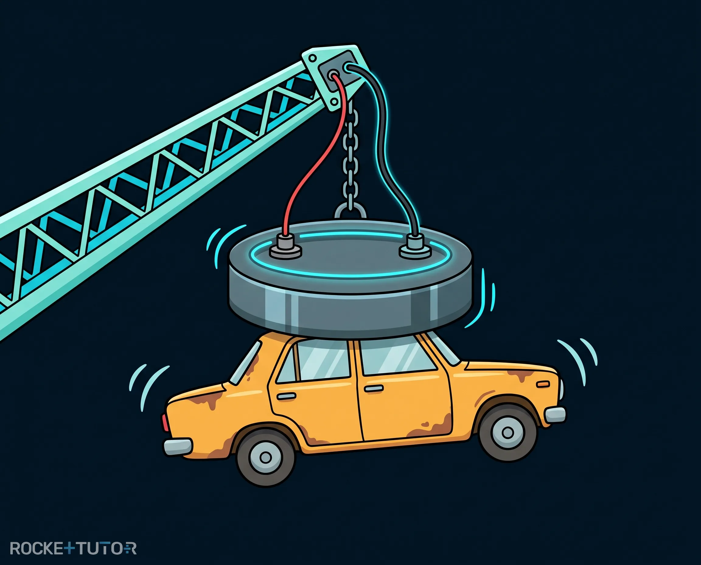 Kran hebt Auto mit Elektromagnet