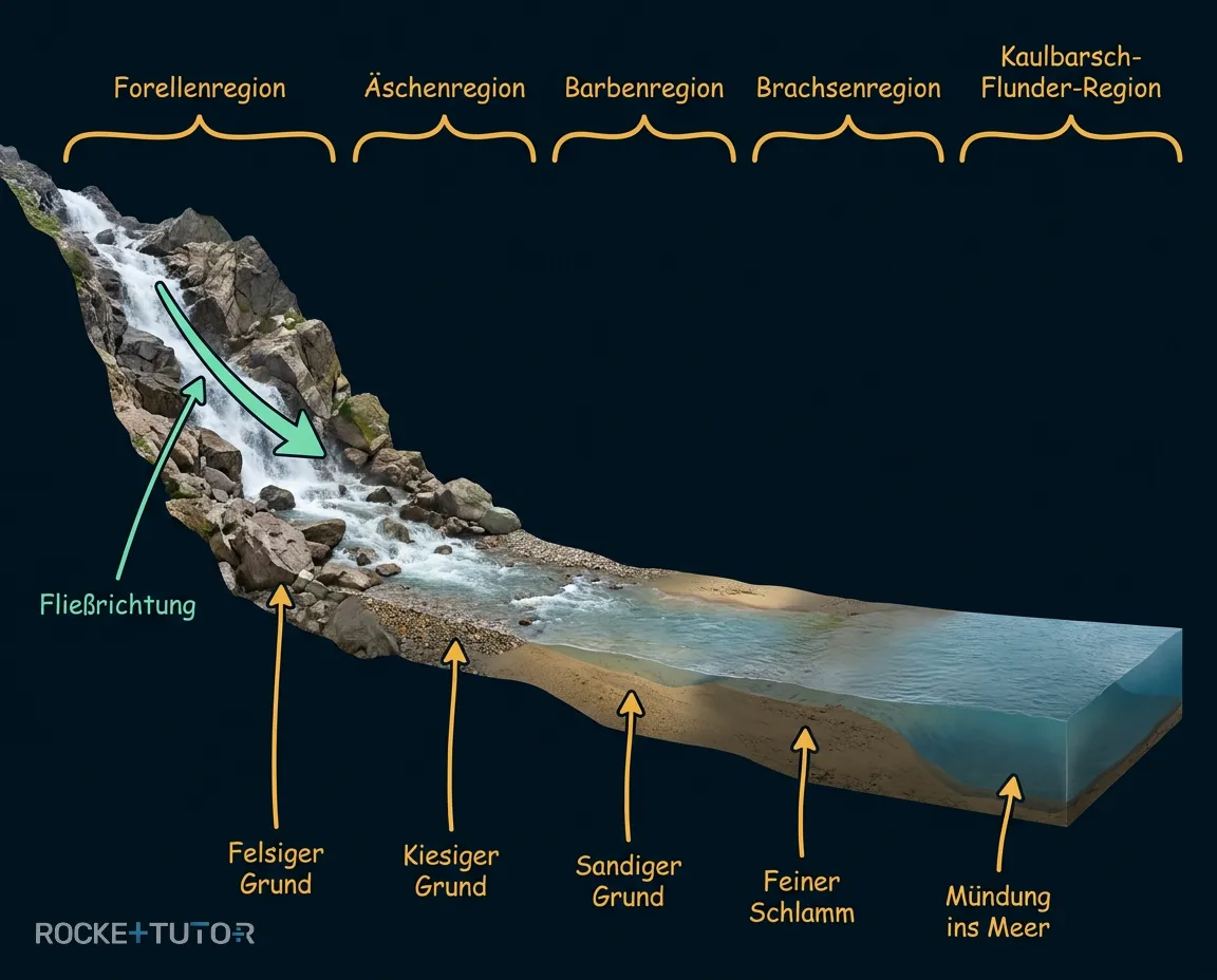 Fünf ökologische Zonen eines Flusses