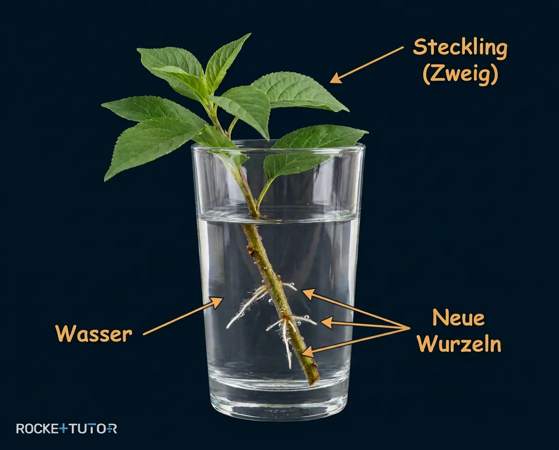 Zweig im Wasserglas mit Wurzeln
