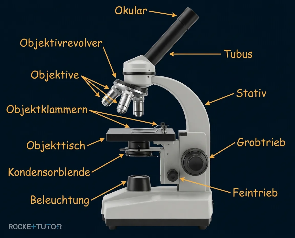 Beschriftete Bauteile eines Lichtmikroskops