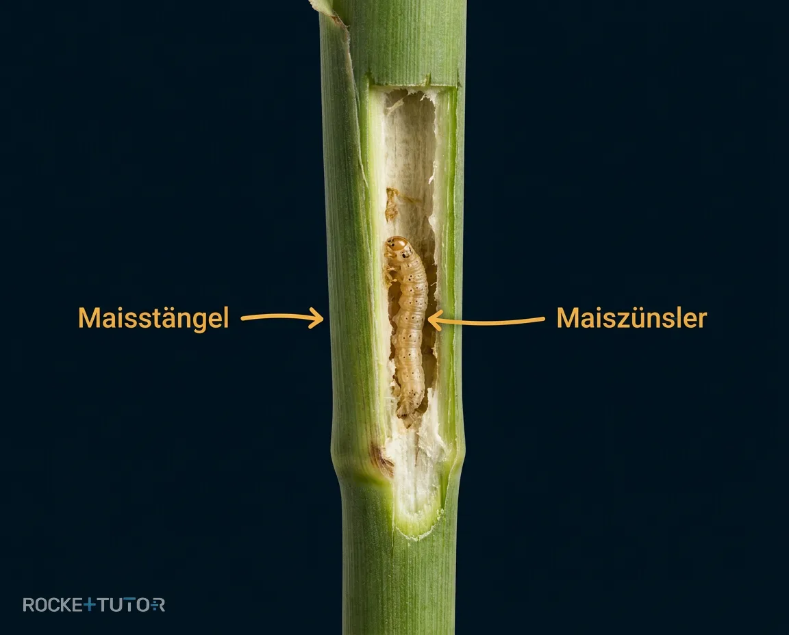Maiszünsler Raupe in Maispflanze