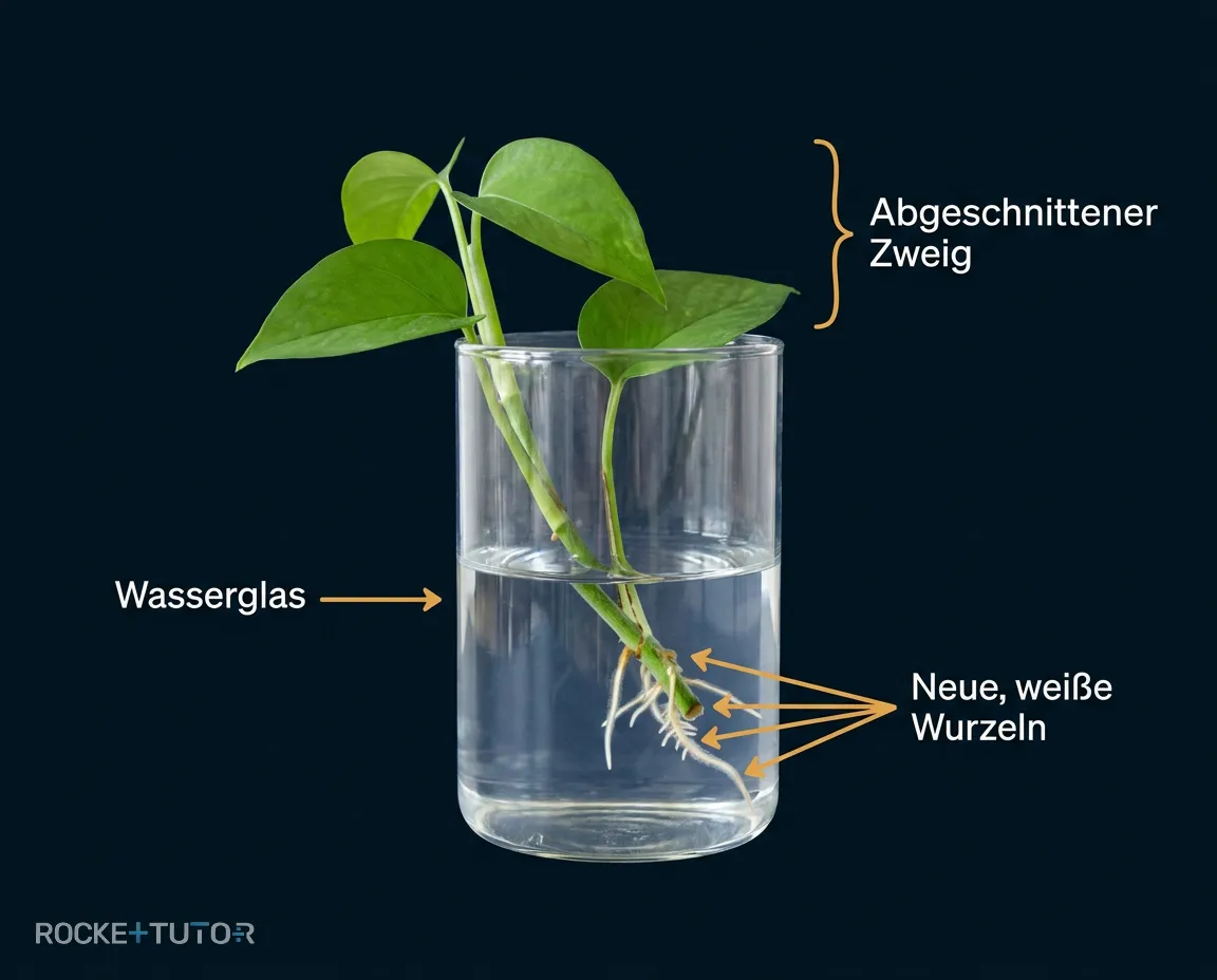Pflanzenzweig im Wasserglas mit Wurzeln