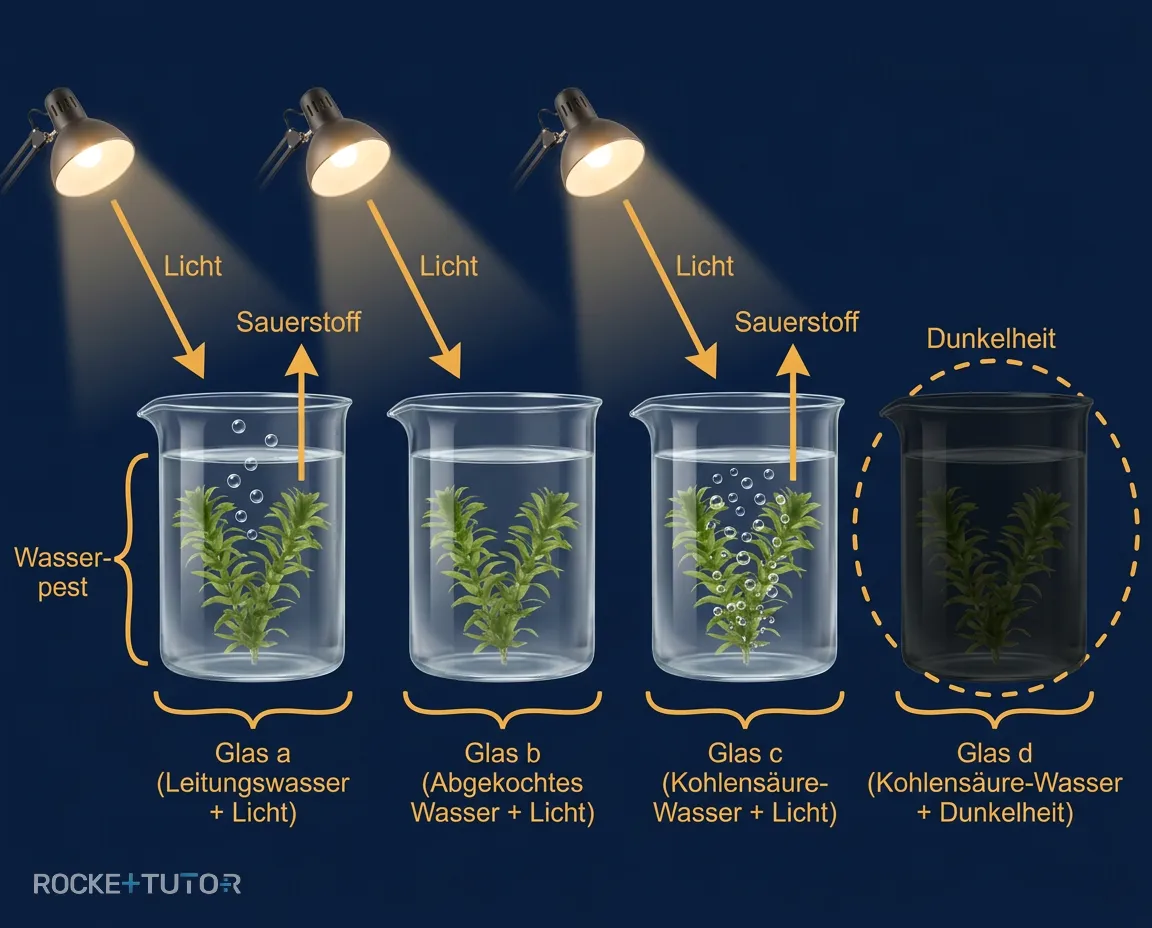 Wasserpest in vier Bechergläsern