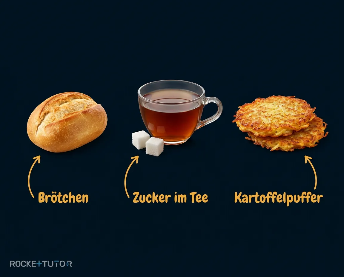 Frühstück mit Brötchen und Kartoffelpuffern