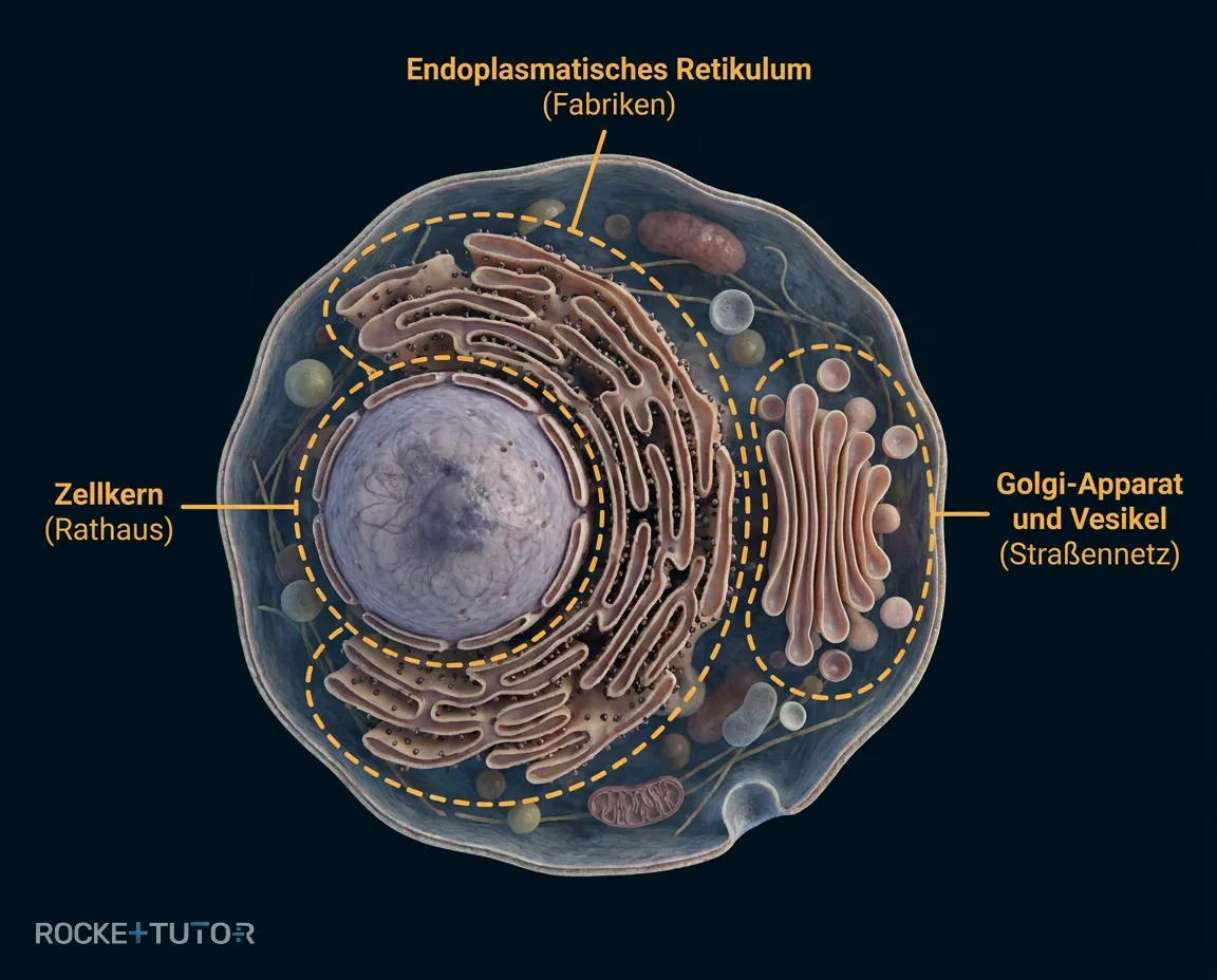 Zellstadt mit Organellen als Gebäude