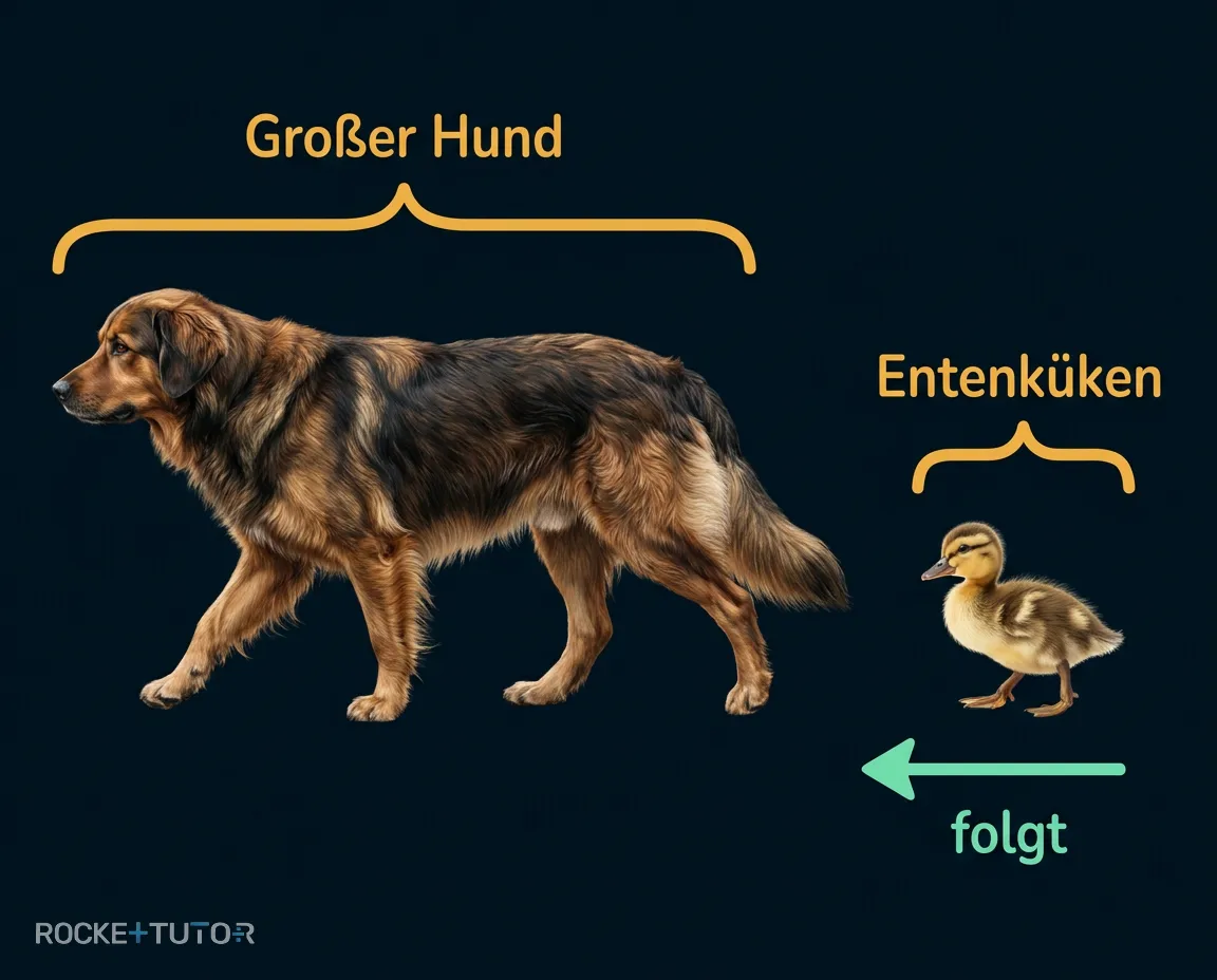Entenküken folgt einem Hund