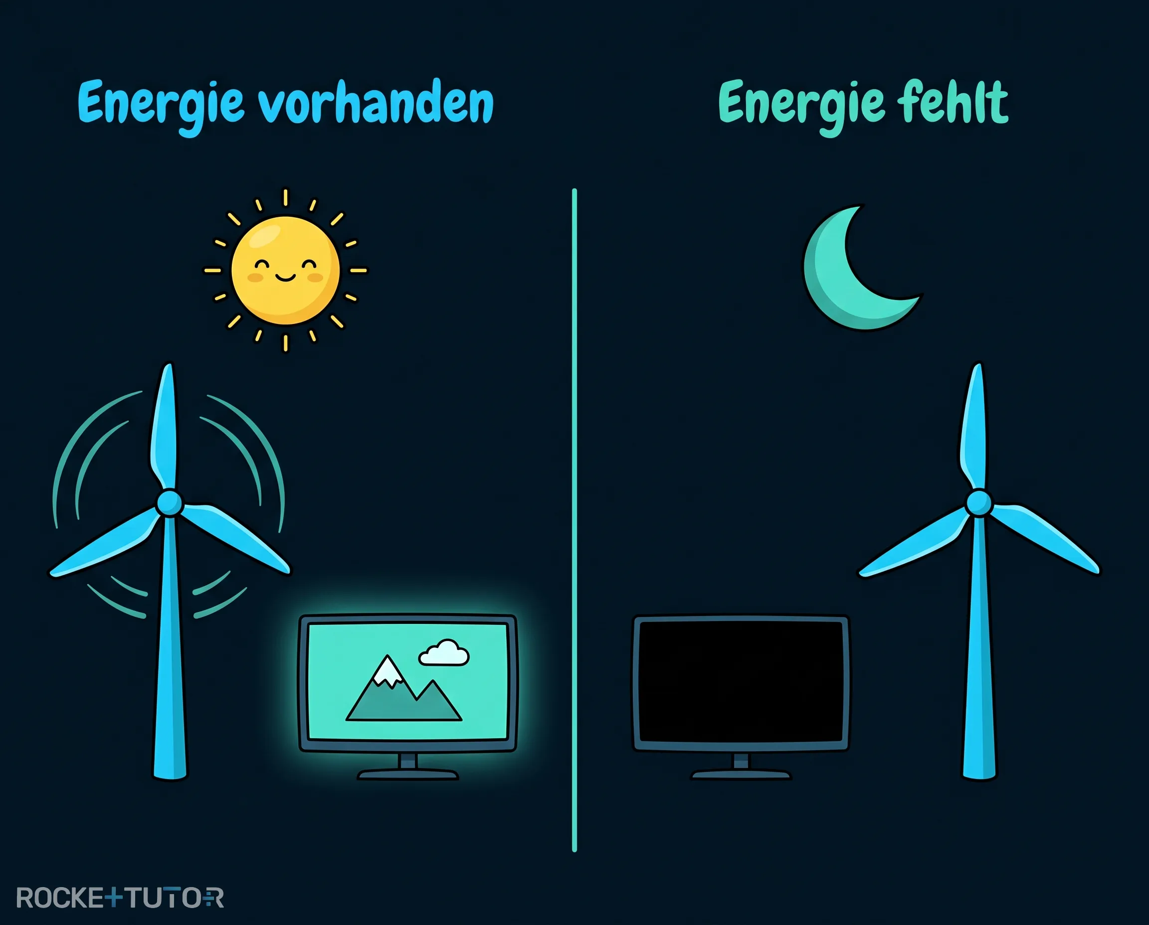 Windräder und Solarzellen bei Nacht
