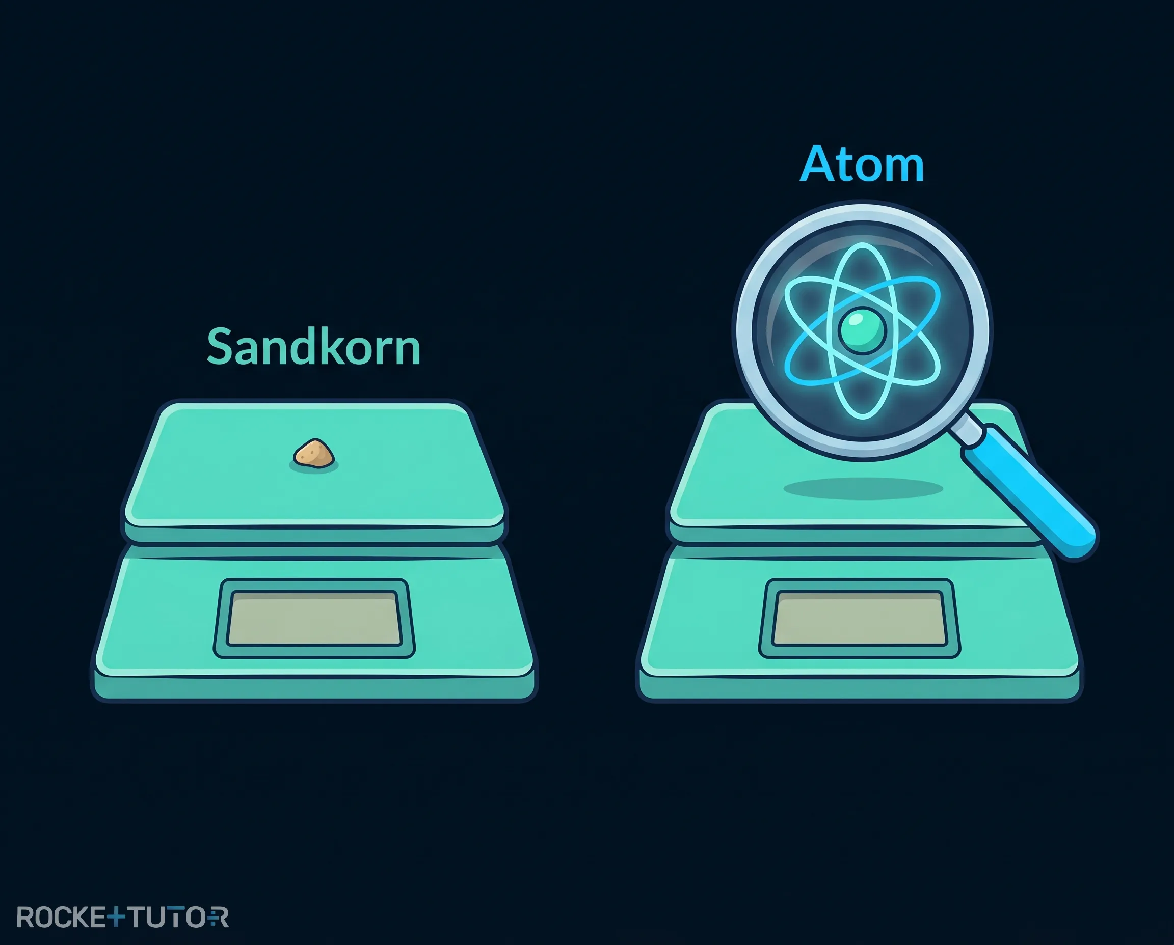 Waage mit Sandkorn und Atom