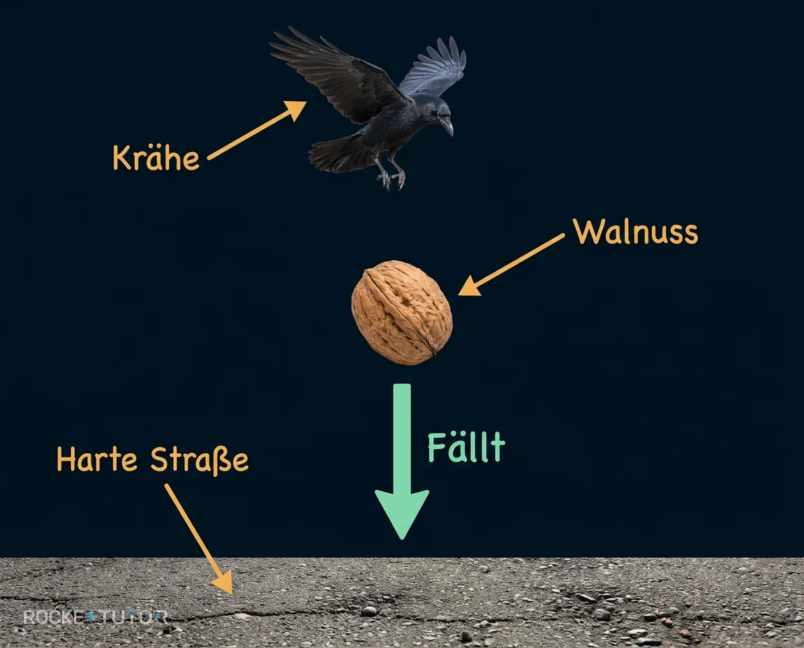 Krähe lässt Walnuss fallen