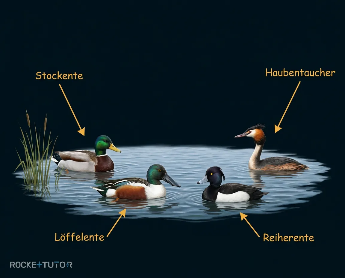 Verschiedene Wasservögel friedlich am See