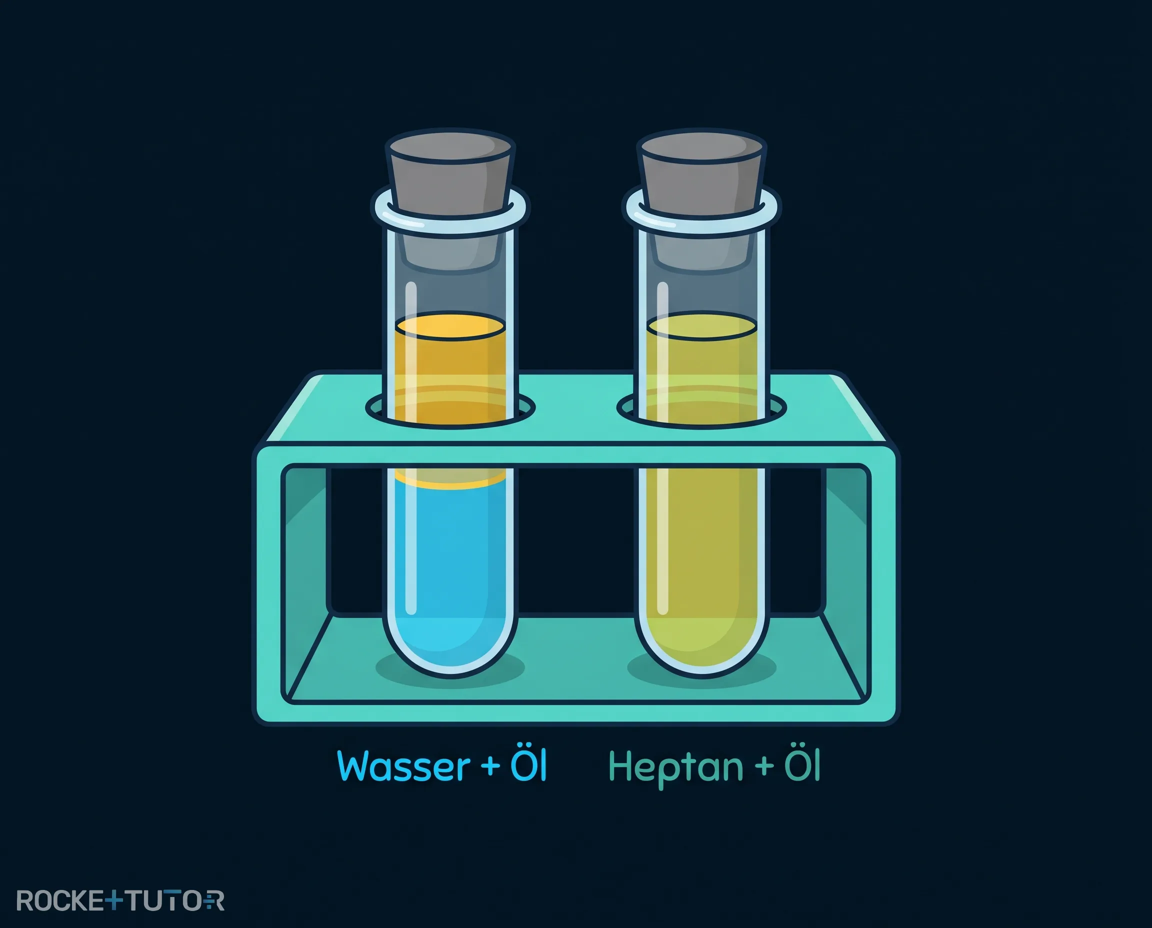 Löslichkeitstest von Öl in Wasser und Heptan