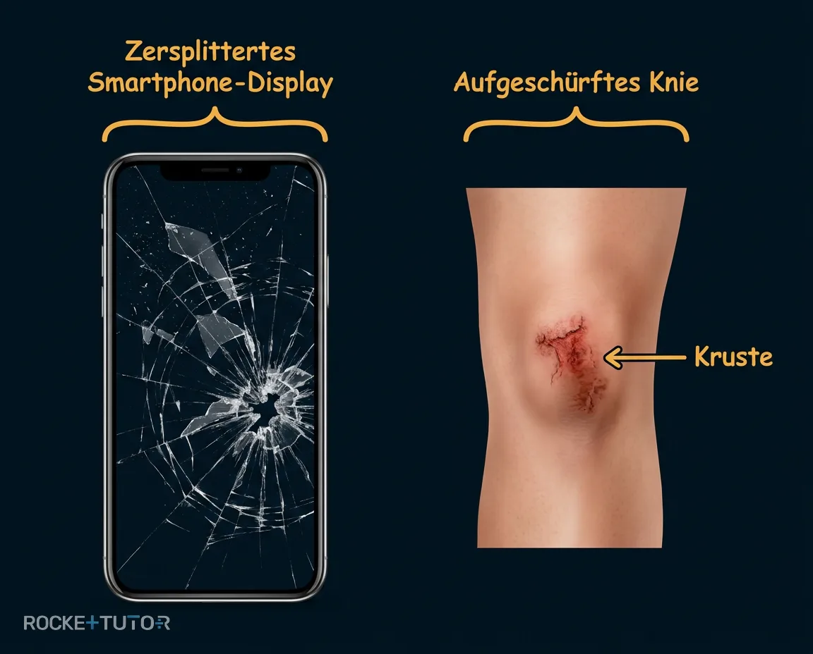 Zersplittertes Smartphone und heiles Knie