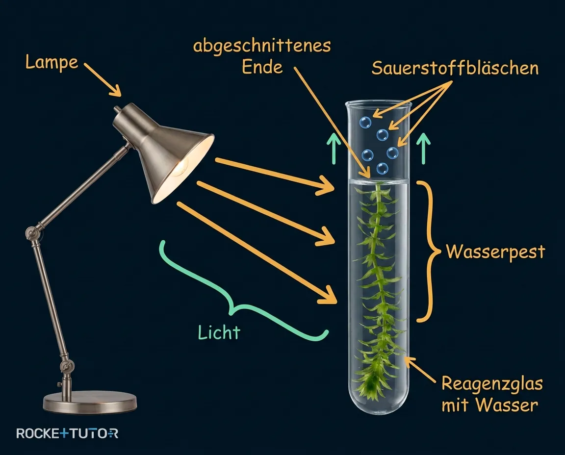 Wasserpest im Reagenzglas mit Bläschen