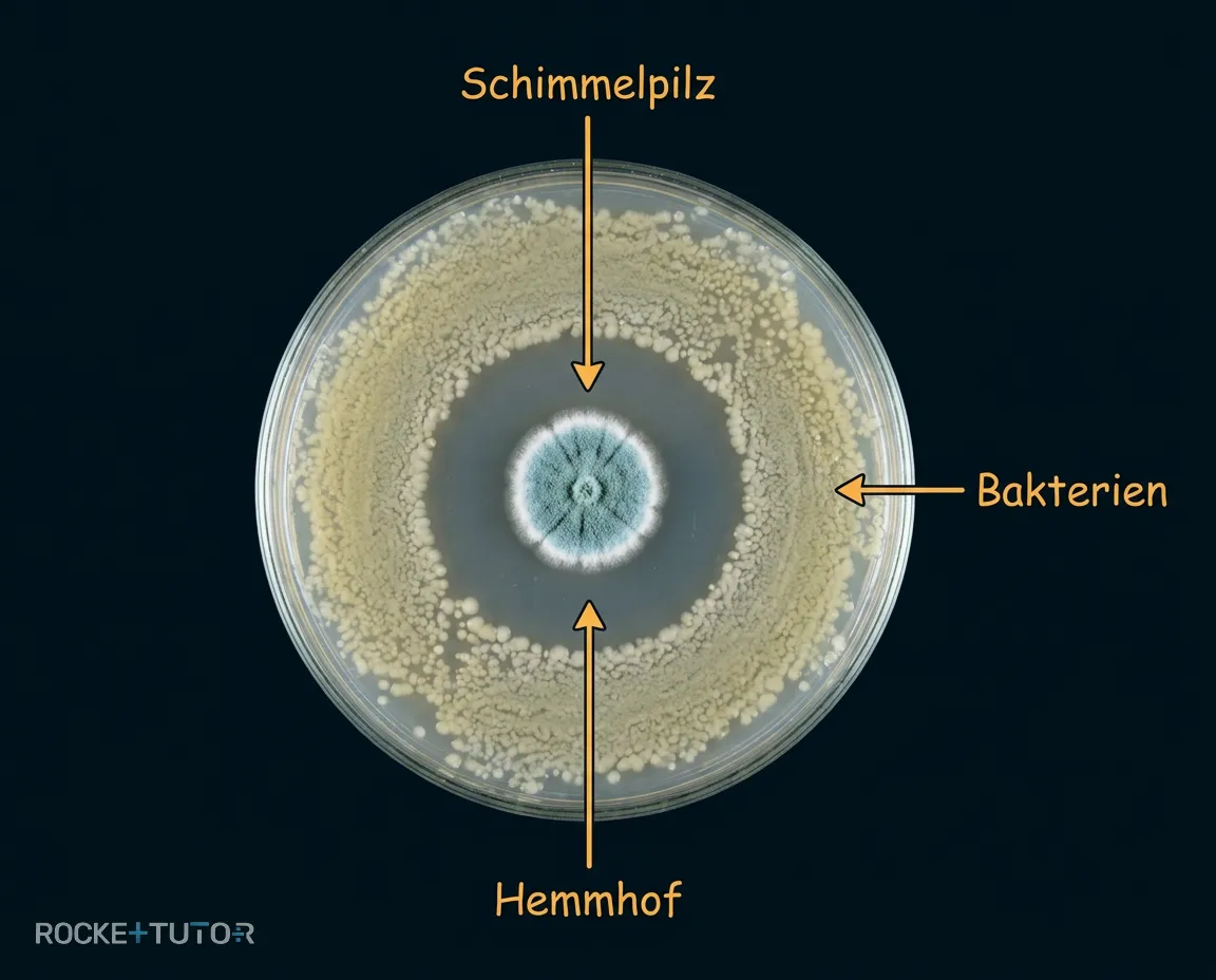 Petrischale mit Hemmhof um Pilz