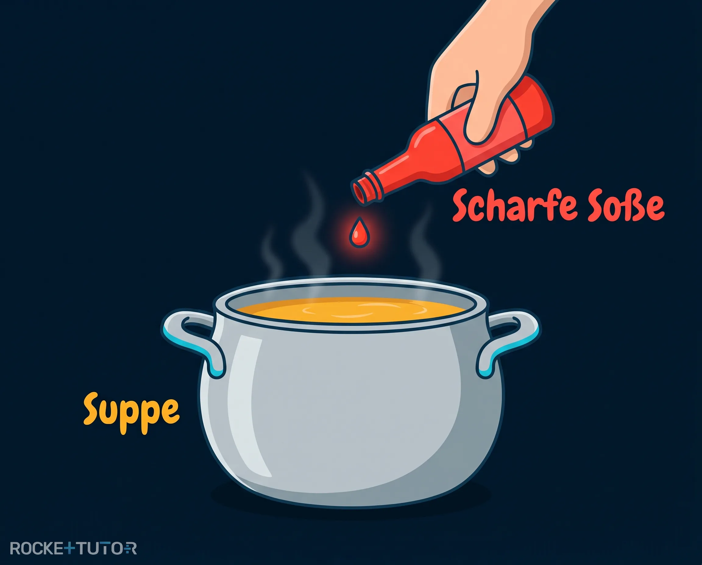 Topf mit Suppe und scharfer Soße
