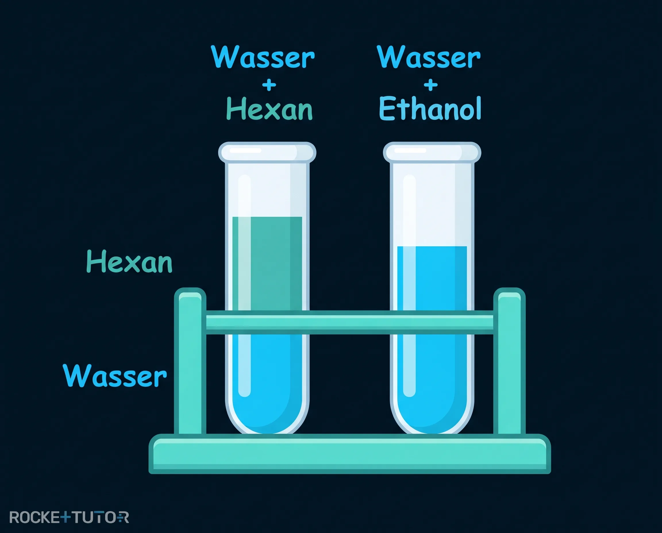 Reagenzgläser mit Wasser Hexan Ethanol