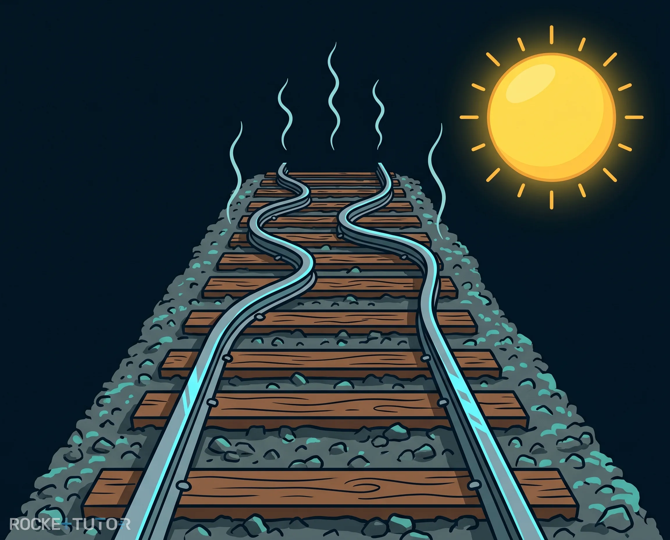 Verbogene Eisenbahnschienen im Sommer