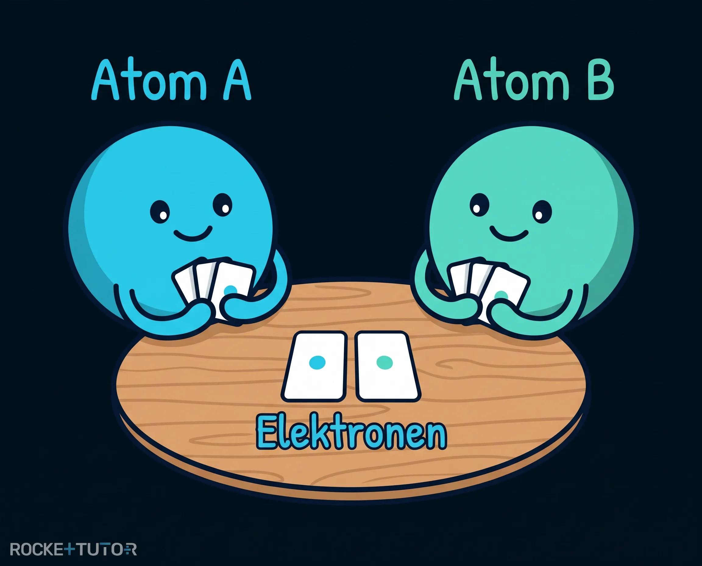 Zwei Cartoon-Atome teilen Karten