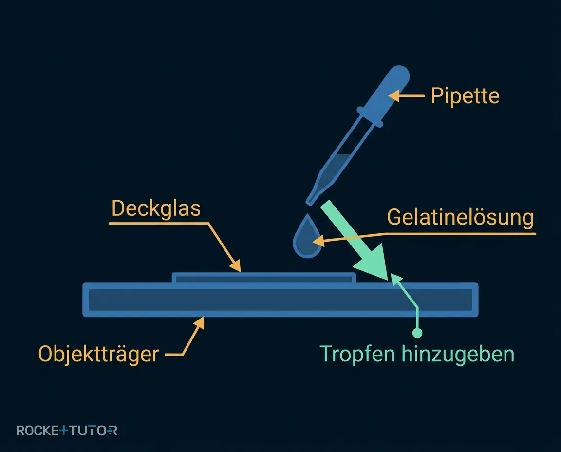 Pipette gibt Gelatine an Deckglasrand