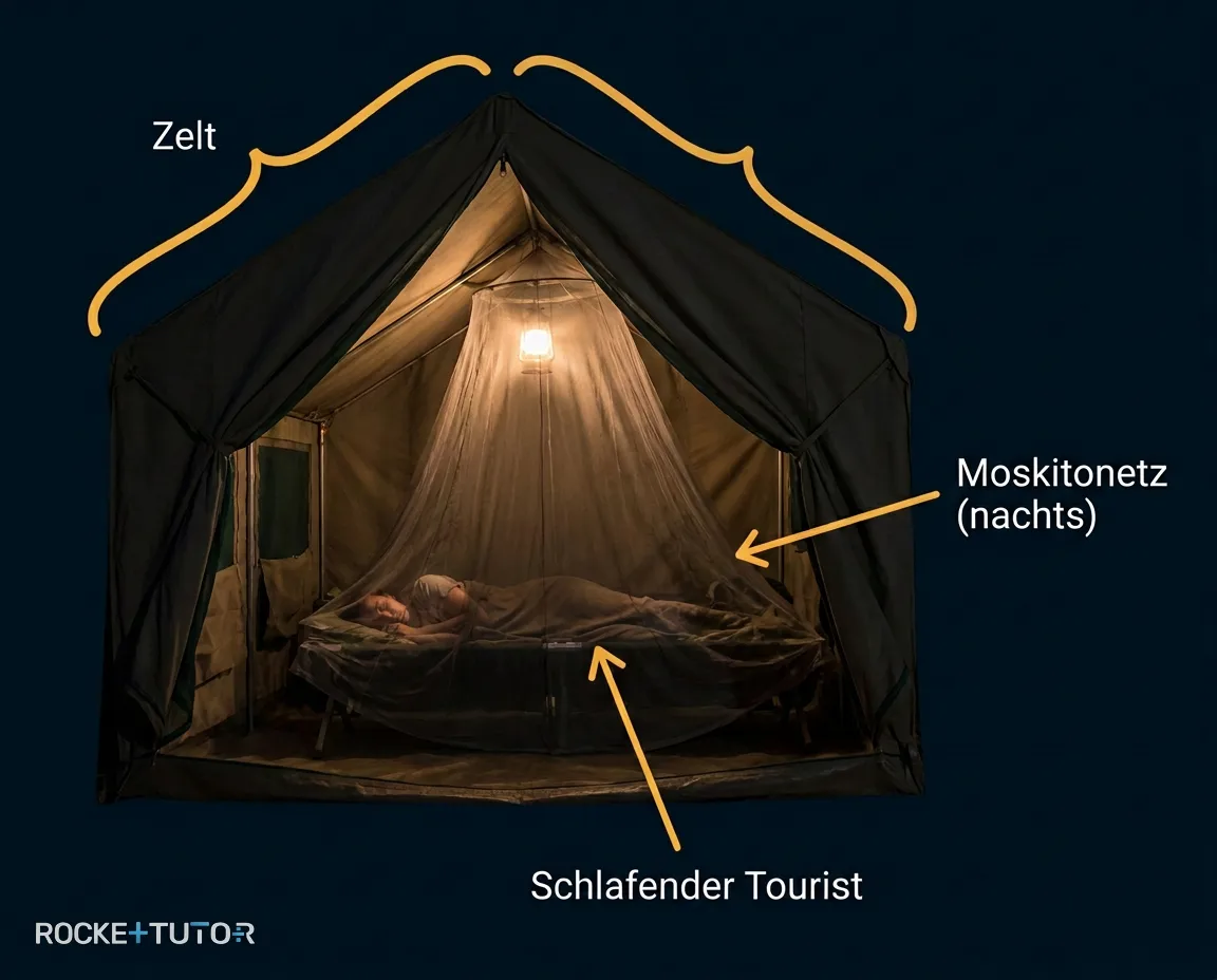 Tourist im Zelt mit Moskitonetz