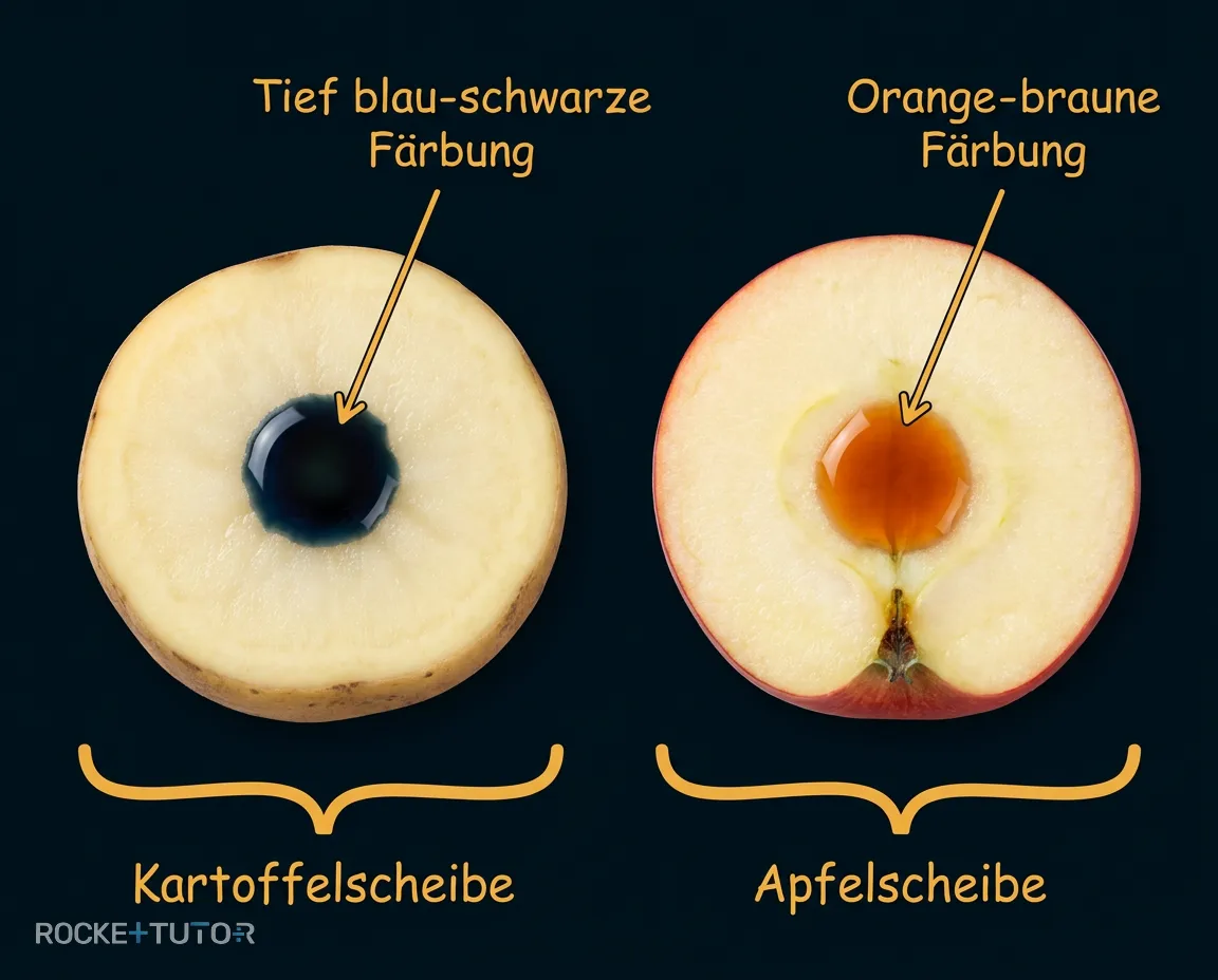 Kartoffel und Apfel mit Iod-Lösung