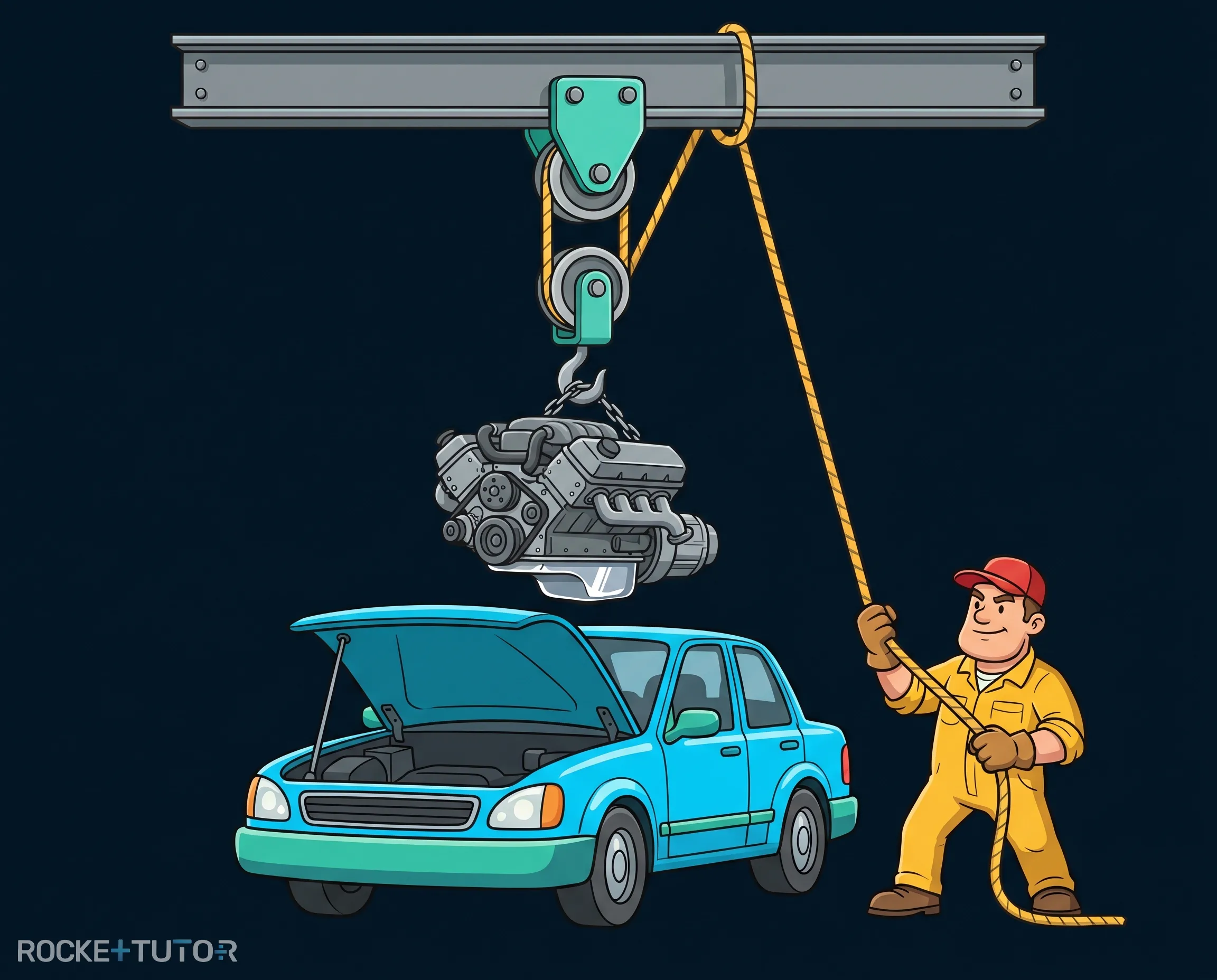 Mechaniker hebt Motor mit Flaschenzug