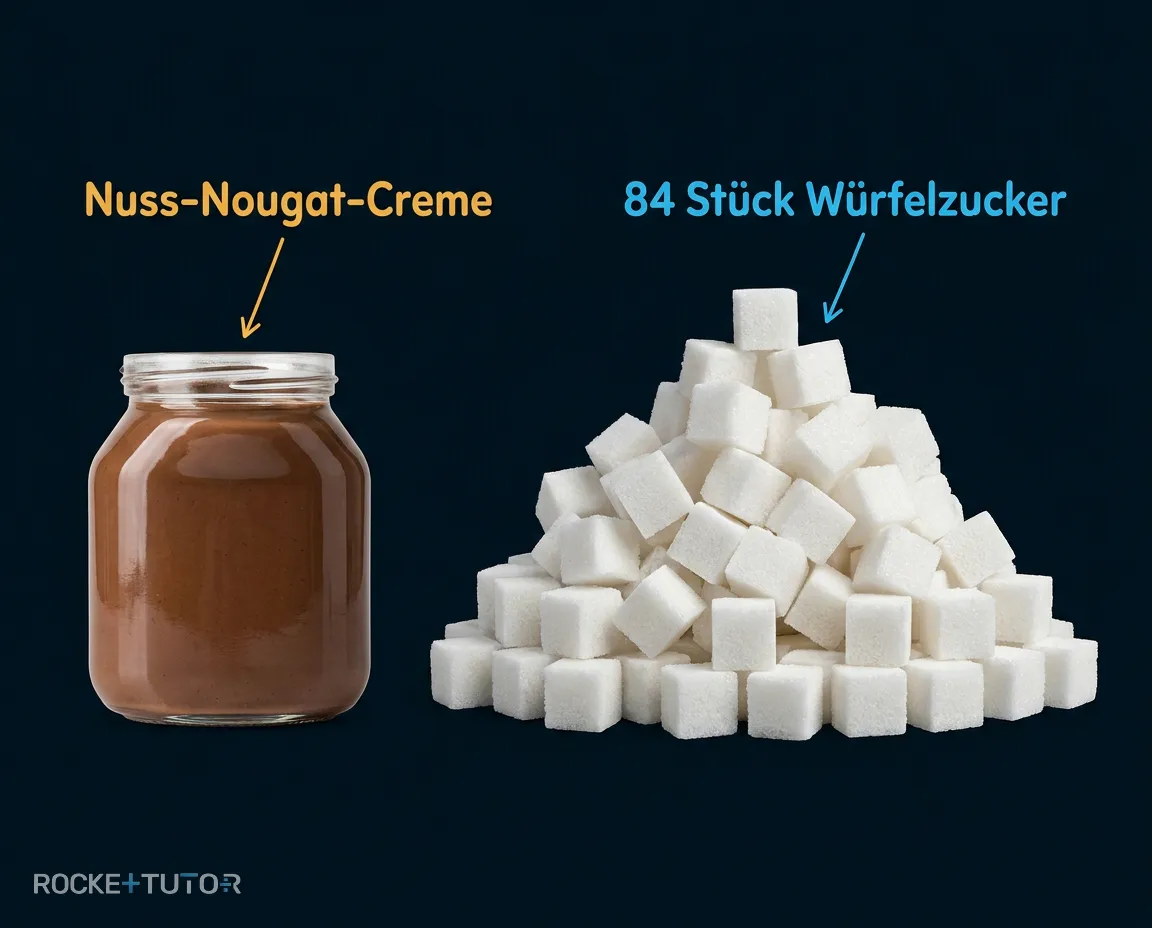 Würfelzucker neben Nuss-Nougat-Creme