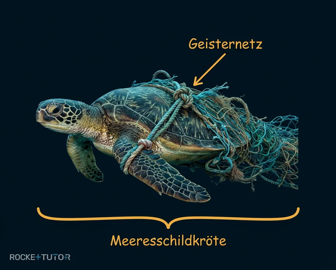 Schildkröte in einem Geisternetz