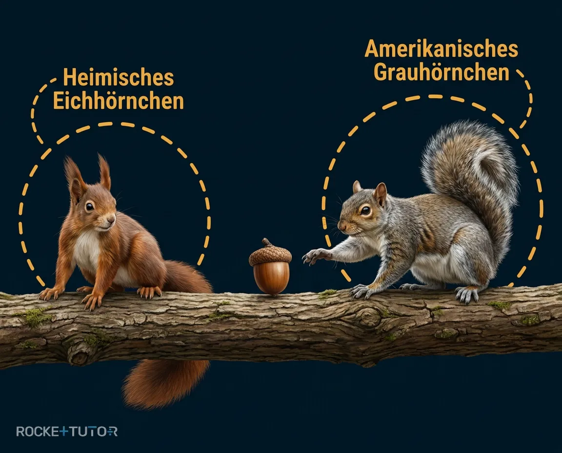 Grauhörnchen und rotes Eichhörnchen